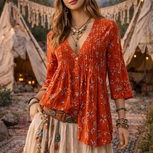 Bohemian Orange Floral Blouse